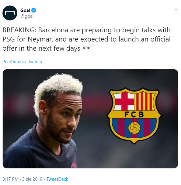 ''Goal'': NAJNOWSZE informacje w sprawie potencjalnego transferu Neymara do Barcy